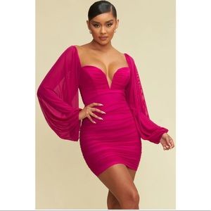 LUXXEL Mesh Full Sleeve Mini Dress Magenta Size L NWT